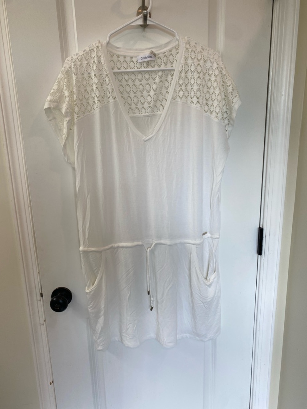 Calvin Klein White Crochet Drawstring Coverup